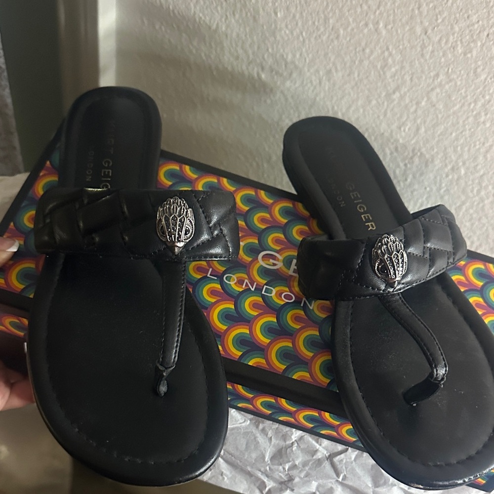 Kurt Geiger Black Leather Sandals with Silver Accent